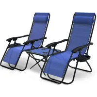 vounot - lot de 2 chaise longue inclinable en textilene avec table d'appoint porte gobelet et portable bleu