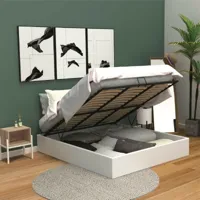 lit coffre adulte contemporain - lit en similicuir avec coffre de rangement en blanc + sommier - taille du matelas 160x200cm - blanc - meubles cosy
