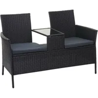 décoshop26 - banc en polyrotin avec table fauteuils chaises de jardin 132cm noir coussin gris foncé - noir