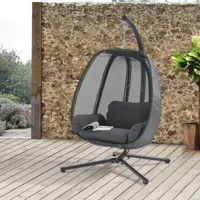 fauteuil suspendu avec structure de soutien et coussins gris foncé