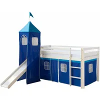 lit mezzanine 90x200cm avec échelle toboggan en bois laqué blanc et toile bleu incluse - bleu