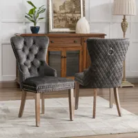 chaise de salle à manger (cuisine, salon), chaise rembourrée avec garniture à clous, pieds en bois massif, revêtement en velours, gris 2 pièces - gris