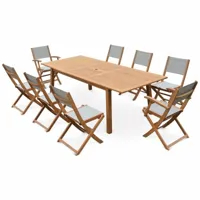 sweeek - salon de jardin en bois almeria. grande table 180-240cm rectangulaire 2 fauteuils 6 chaises eucalyptus et textilène bois / gris - bois