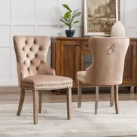 chaise de salle à manger (cuisine, salon), chaise rembourrée avec garniture à clous, pieds en bois massif, revêtement en velours, gris-brun 2 pièces