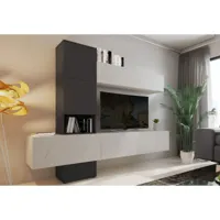 lément mural de salon, meuble tv avec éléments hauts, salon moderne avec effet marbre de carrare, 240x50xh196 cm, couleur blanc et anthracite - dmora