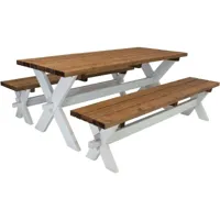 celine table de pique nique en bois et 2 bancs en bois 177x75 cm couleur marron/blanc, bois d'epicéa table picnic pour 6 personnes - marron, blanc