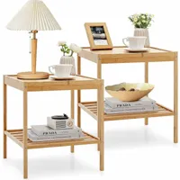 costway - tables de chevet lot de 2 en bambou table d'appoint à 2 niveaux style naturel bout de canapé pour chambre salon, 40 x 40 x 45 cm
