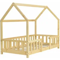 lit pour enfant cabane maison avec barrière et sommier à lattes en bois de pin naturel 70 x 140 cm - noir