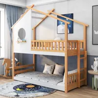lit cabane, lit superposé avec échelle à angle droit, lit enfant, avec protection antichute et barrière, structure en pin, naturel, blanc (200x90cm)