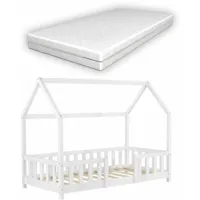 lit pour enfant cabane maison avec matelas barrière et sommier à lattes en bois de pin blanc 70 x 140 cm - blante