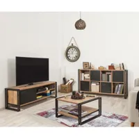 cotecosy - ensemble meuble tv, table basse et buffet style industriel senlid métal noir et bois naturel - bois / noir