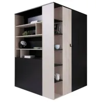 armoire d'angle omaha h120, noir + chêne + beige, 190x135x135cm, portes d'armoire: avec des charnières - noir + chêne + beige