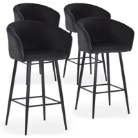 cotecosy - lot de 4 chaises de bar bobby velours noir - noir
