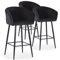 cotecosy - lot de 3 chaises de bar bobby velours noir - noir