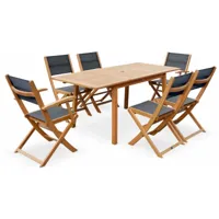 sweeek - salon de jardin en bois almeria. table 120-180cm rectangulaire. 2 fauteuils et 4 chaises eucalyptus fsc et textilène bois / noir - bois