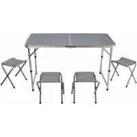 ensemble de 5 pieces table de camping pique nique pliable en aluminium gris 120x60xh70/62/55cm avec 4 tabourets format mallette - gris