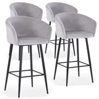 cotecosy - lot de 4 chaises de bar bobby velours argent - gris