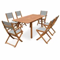 sweeek - salon de jardin en bois almeria. table 120-180cm rectangulaire. 2 fauteuils et 4 chaises eucalyptus fsc et textilène bois / gris taupe - bois