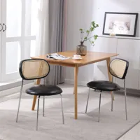 lot de 2 chaises de salle à manger en rotin et cuir rembourré, 2 chaises d'appoint pour table de salle à manger avec pieds en métal 45x52x77cm noir