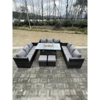 fimous 11 places salon extérieur rotin canapé ensemble meubles de jardin ensemble cheminée à gaz table à manger avec hybride gris foncé
