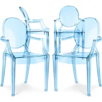 ghost style - lot de 4 chaises de salle à manger - transparentes - design avec accoudoirs - louis xiv bleu transparent - pc, plastique - bleu