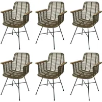 [jamais utilisé] lot de 6 chaises de salle à manger hhg-087, chaise de cuisine en osier chaise en rotin avec accoudoirs, kubu rotin bois métal - brown