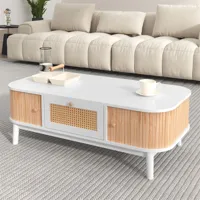 table basse style cottage 110x55x38.5cm - table à café avec tiroirs en rotin et portes coulissantes avec lattes en bois massif pieds en bois massif