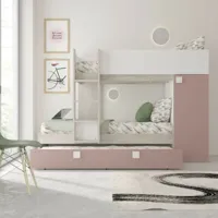 lit superposé pour deux enfants avec lit gigogne et armoire couleur blanc usé et rose antique