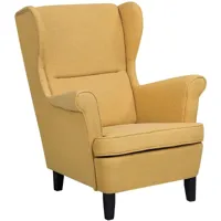 fauteuil bergère haut dossier tapissé en tissu jaune clair de qualité pour salon style vintage rétro et scandinave beliani marron
