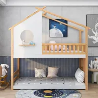 cabane lit superposé enfant - échelle, protection antichute - cadre pin naturel/blanc (90x200cm)