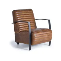 fauteuil fer, cuir marron 75x82x82cm - fer-cuir - marron