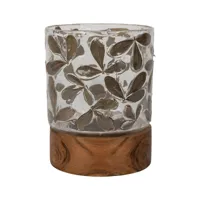 cote table - photophore verre bois feuilles séchées 10x14cm - marron et blanc