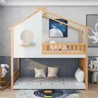 lit superposé avec échelle à angle droit, lit enfant, protection antichute et barrière, cadre en pin, blanc (200x90cm)