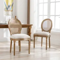 fortuna lai - lot de 2 chaises médaillons, avec dossier en rotin, style louis-xvi, pieds en bois massif, assise en lin, 95x60x50cm, crème