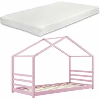 lit pour enfant cabane maison avec matelas et sommier à lattes en bois de pin rose 90x200 cm - rose