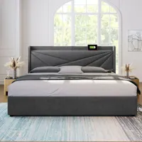 lit double avec chargement et rangement usb type c, lin,gris,160x200cm