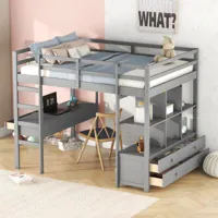 lit mezzanine enfant 140 x 200 cm avec tiroirs de rangement et bureau sous lit, gris