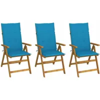 ensemble de 3 chaises de jardin en bois d'acacia robuste avec coussins différentes couleurs couleur : bleu