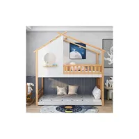 lit superposé enfants 90 x 200 cm, lit maison avec marches à angle droit et protection contre les chutes, cadre en pin massif, naturel