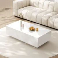 table basse 100x50x31cm, table de salon haute brillance avec structure de rangement push-pull, tiroirs double face, blanc
