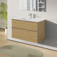 meuble de salle de bain suspendu bois laqué, meuble vasque 2 tiroirs soft-close - garantie 5 ans - 64x101x47cm - lavoa - blanc brillant, anthracite