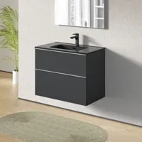 meuble de salle de bain suspendu bois laqué, meuble vasque 2 tiroirs soft-close - garantie 5 ans - 64x81x47cm - lavoa - matt anthracite (en), noir