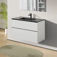 meuble de salle de bain suspendu bois laqué, meuble vasque 2 tiroirs soft-close - garantie 5 ans - 64x101x47cm - lavoa - blanc mat, noir mat, noir
