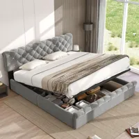 lit coffre 180x200cm ,avec tête de lit réglable, accents de cristal, support à lattes en bois, lit à fonction hydraulique - gris - gris