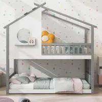lit superposé-lit cabane, lit superposé avec échelle à angle droit, lit enfant, avec protection antichute et barrière, structure en pin, gris, blanc