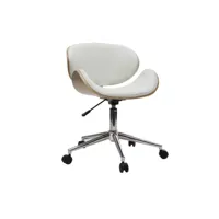 chaise de bureau à roulettes design blanc, bois clair et acier chromé walnut