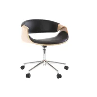 chaise de bureau à roulettes design noir, bois clair et acier chromé aramis