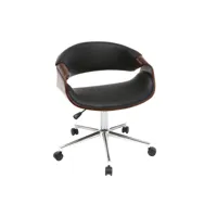 chaise de bureau à roulettes design noir, bois foncé noyer et acier chromé aramis