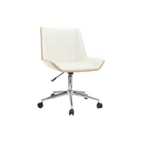 chaise de bureau à roulettes design blanc, bois clair et acier chromé melkior