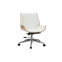 chaise de bureau à roulettes design blanc, bois clair et acier chromé curved